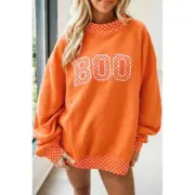 Grapefruit Orange Polka Dot Letter Print Contrast Trim Mock Neck Sweatshirt