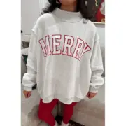 Gray MERRY Embroidered Letter High Neck Tunic Pullover Sweatshirt