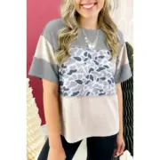 Gray Raw Seam Color Block Camouflage Patchwork Casual Tee