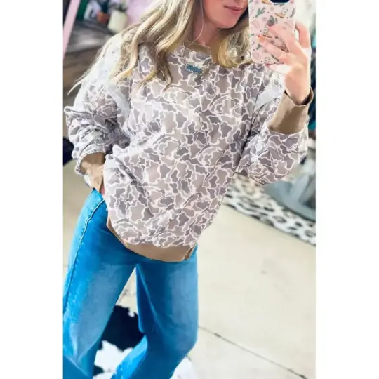 Khaki Camouflage Print Textured Knit Color Block Trim Long Sleeve Top