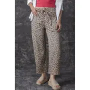 Khaki Leopard Printed Drawstring Elastic Waistband Pocketed Barrel Jeans