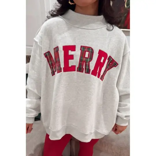 Light Grey MERRY Embroidered Letter High Neck Tunic Pullover Sweatshirt