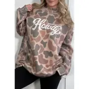 Multicolour Camo Print Howdy Western Style Baggy Pullover Sweatshirt