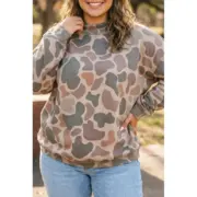 Multicolour Camo Print Ribbed Mock Neck Plus Size Sweatshirt