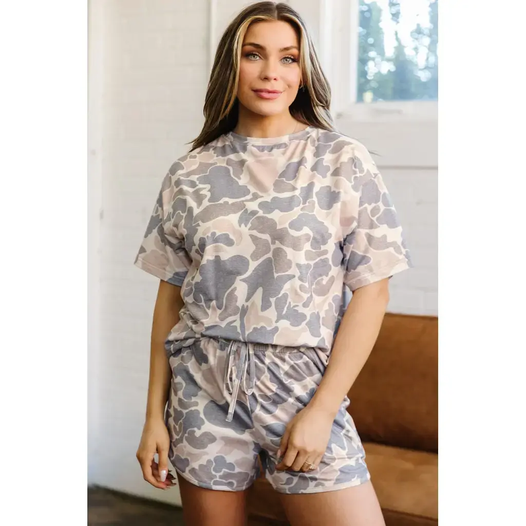 Multicolour Camouflage Loose Tee Drawstring Shorts 2pcs Outfit - Image 3
