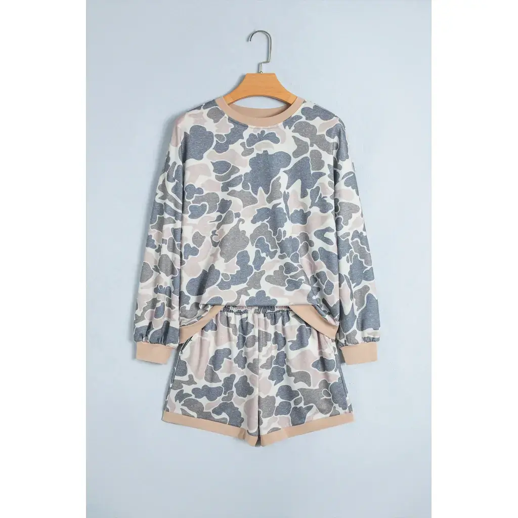 Multicolour Camouflage Patchwork Colorblock 2pcs Long Sleeve Top and Shorts Set - Image 4