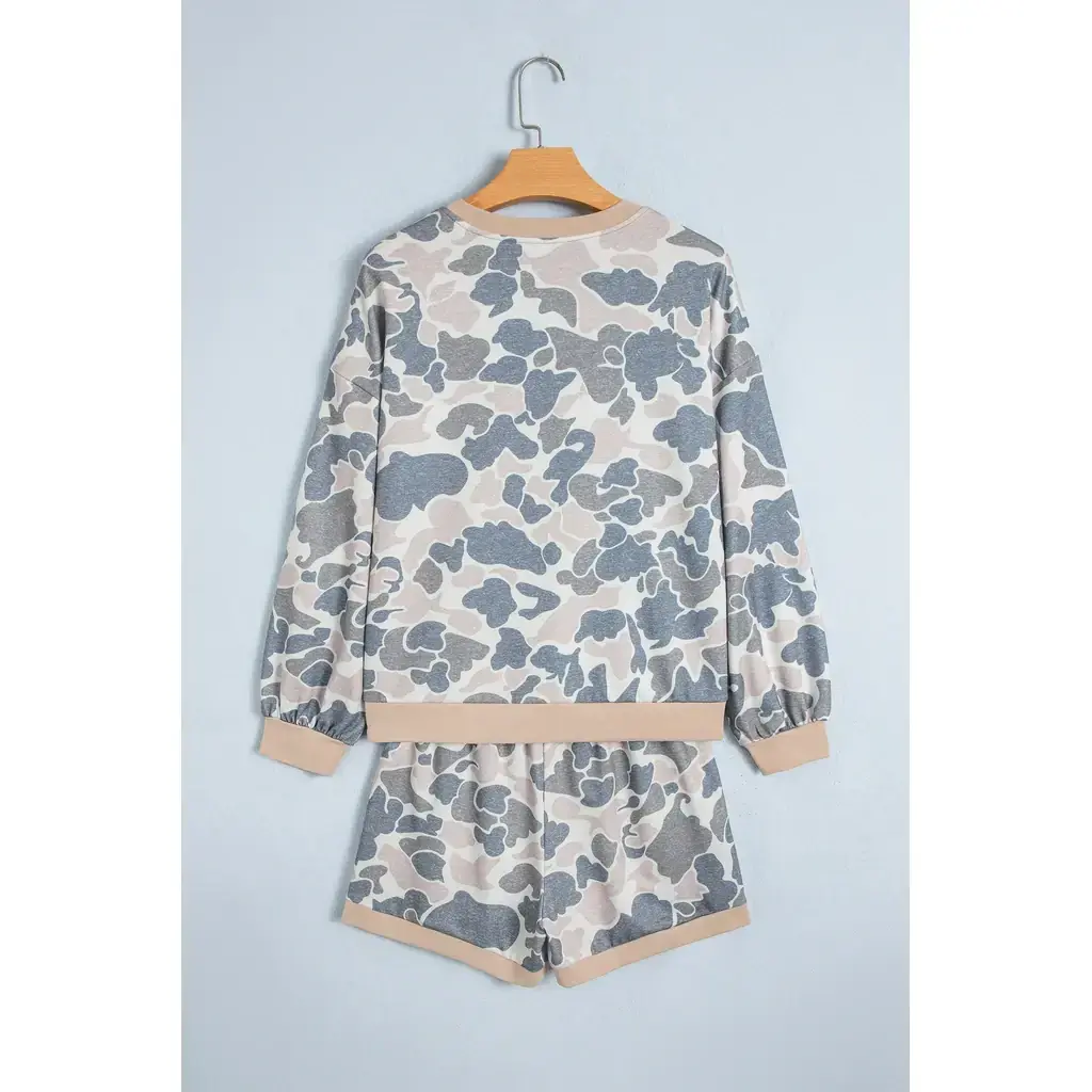 Multicolour Camouflage Patchwork Colorblock 2pcs Long Sleeve Top and Shorts Set - Image 5