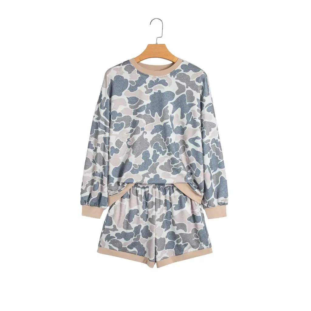 Multicolour Camouflage Patchwork Colorblock 2pcs Long Sleeve Top and Shorts Set - Image 15