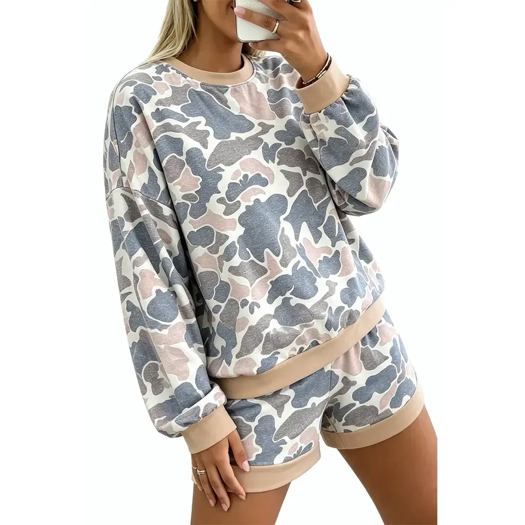 Multicolour Camouflage Patchwork Colorblock 2pcs Long Sleeve Top and Shorts Set - Image 16