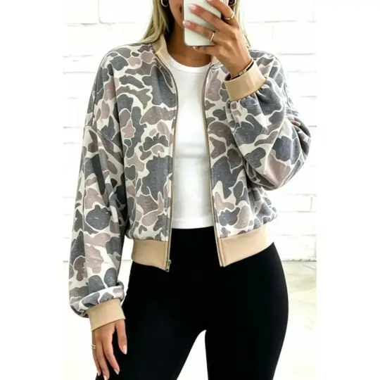 Multicolour Camouflage Print Color Block Trim Zip Bomber Sweatshirt