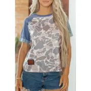 Multicolour Camouflage Print Denim Color Block Sleeve Casual Tee