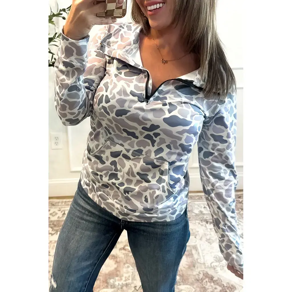 Multicolour Camouflage Print Kangaroo Pocket Zip Collar Pullover Sweatshirt - Image 8