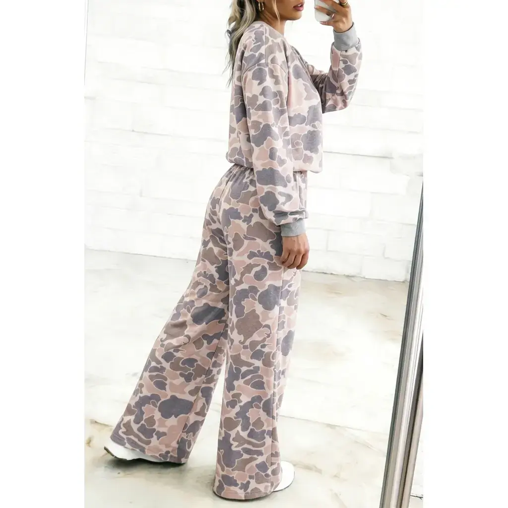 Multicolour Camouflage Print Long Sleeve Top Loose 2pcs Pants Set - Image 2