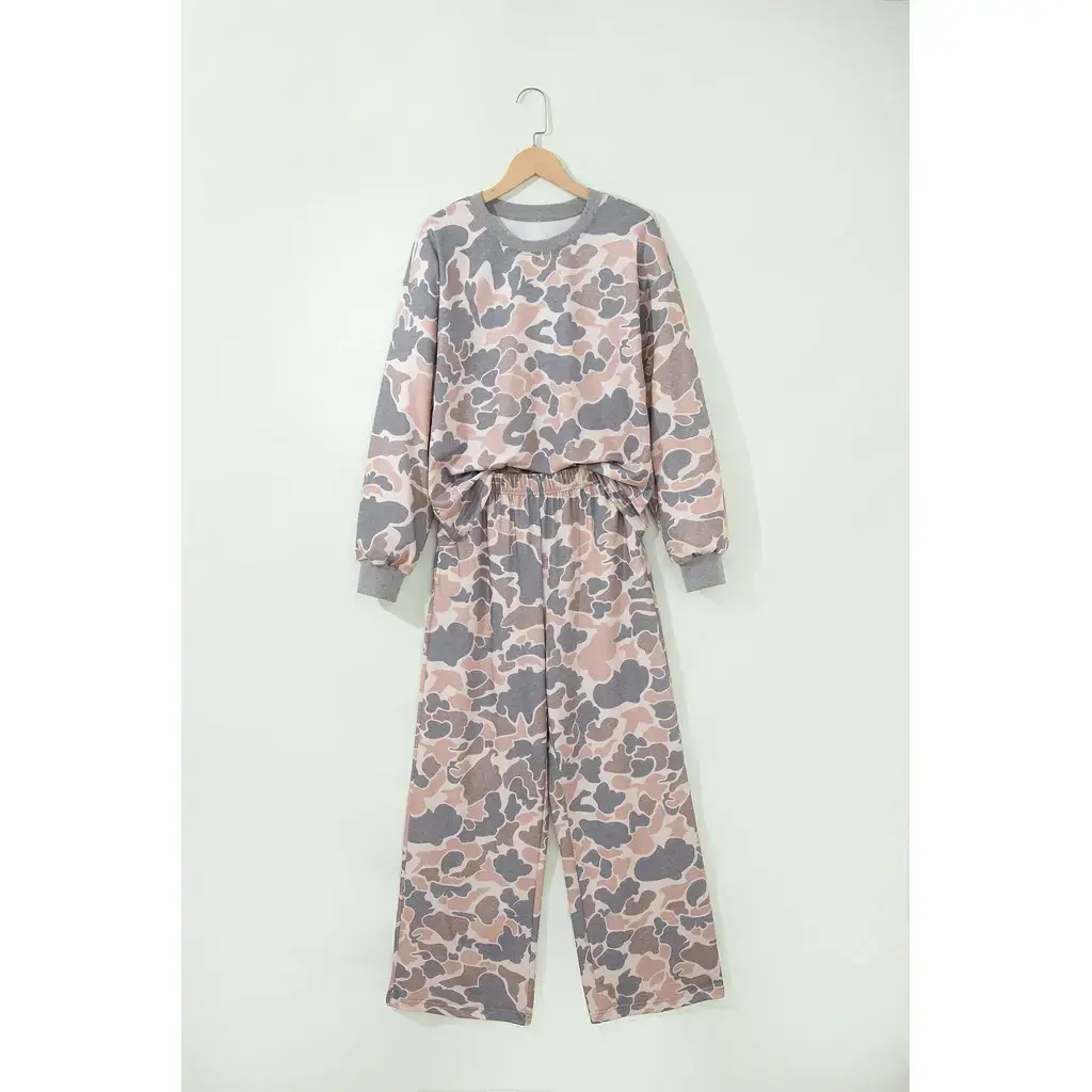 Multicolour Camouflage Print Long Sleeve Top Loose 2pcs Pants Set - Image 4