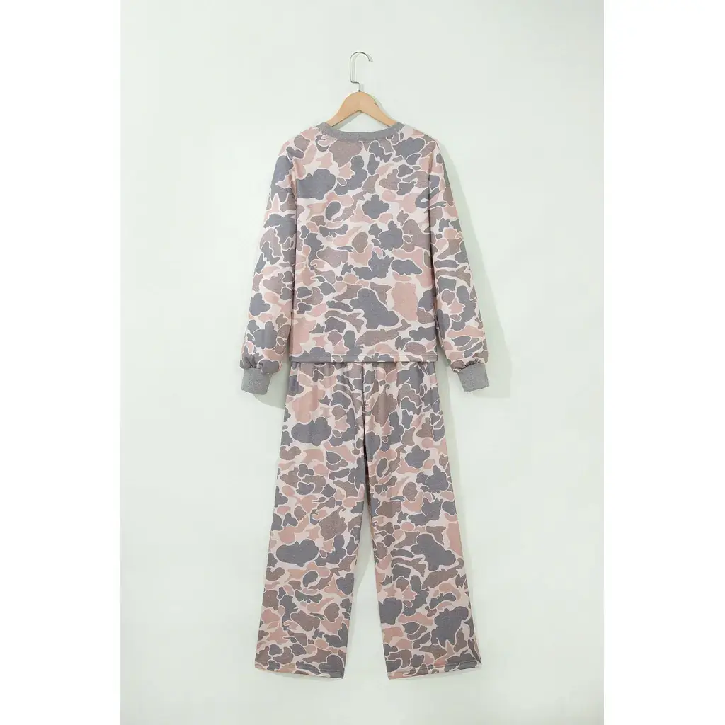 Multicolour Camouflage Print Long Sleeve Top Loose 2pcs Pants Set - Image 5
