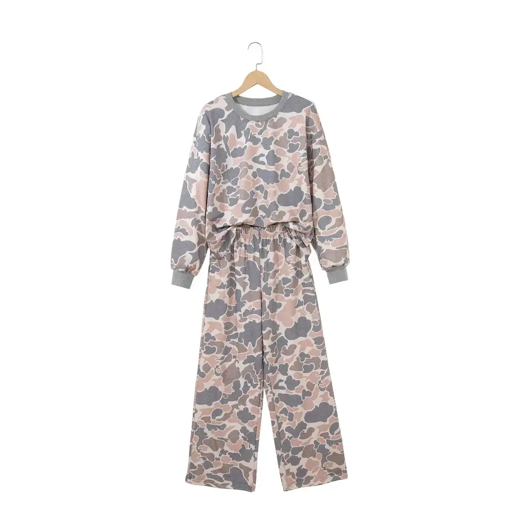 Multicolour Camouflage Print Long Sleeve Top Loose 2pcs Pants Set - Image 16