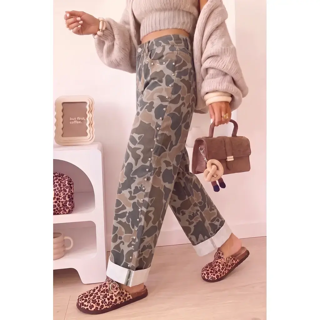 Multicolour Camouflage Studded Straight Loose Jeans - Image 2