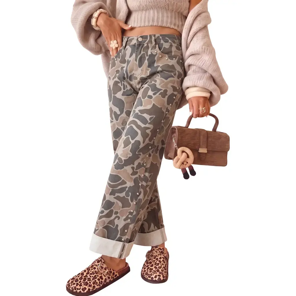 Multicolour Camouflage Studded Straight Loose Jeans - Image 4