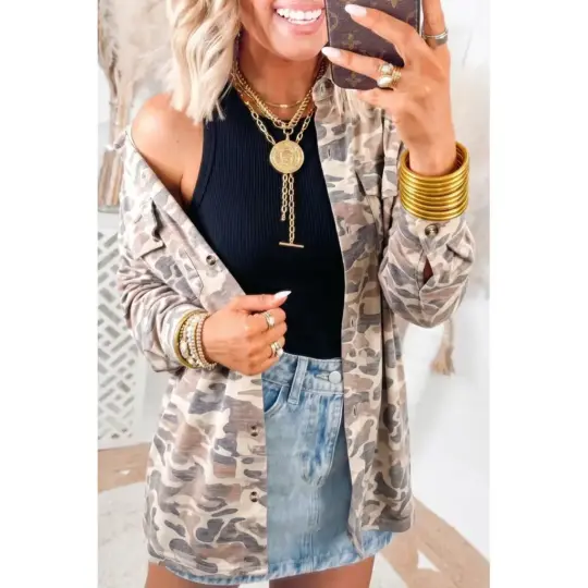 Multicolour Casual Camouflage Button Down Tunic Shacket