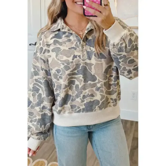 Multicolour Casual Camouflage Collar Pullover Sweatshirt