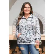 Multicolour Plus Camouflage Print Quarter Zip Kangaroo Pocket Pullover Sweatshirt
