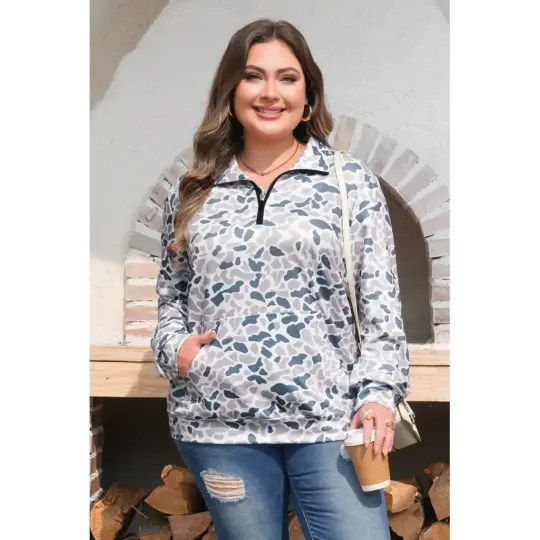 Multicolour Plus Camouflage Print Quarter Zip Kangaroo Pocket Pullover Sweatshirt