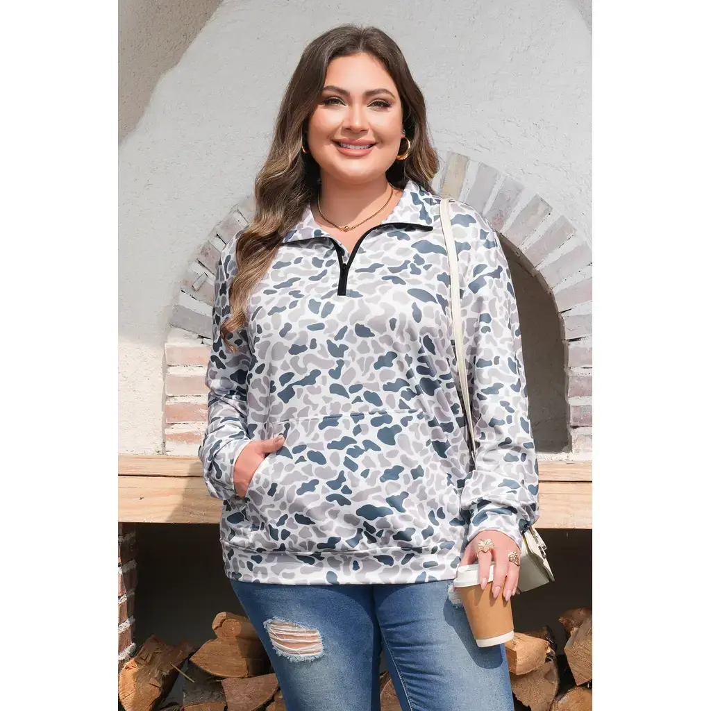 Multicolour Plus Camouflage Print Quarter Zip Kangaroo Pocket Pullover Sweatshirt