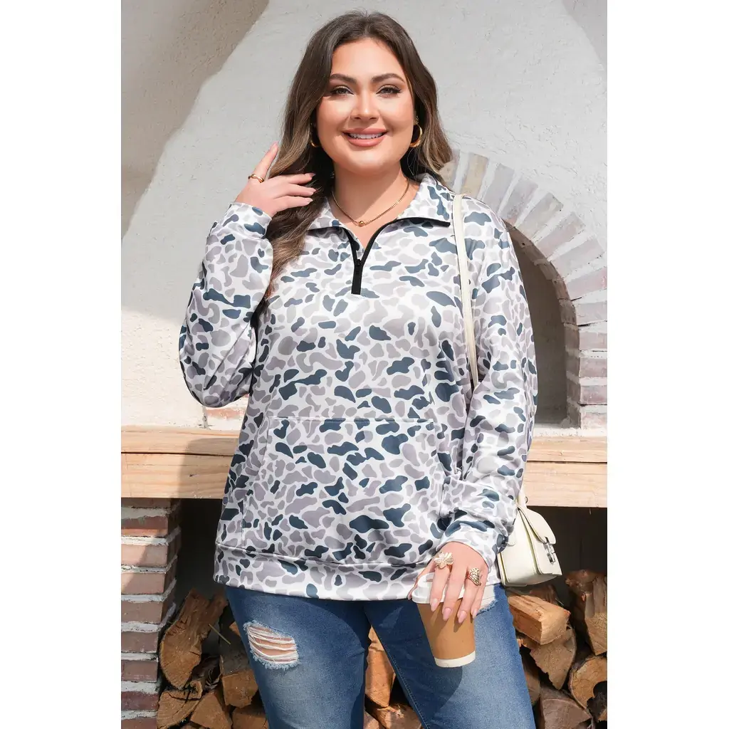 Multicolour Plus Camouflage Print Quarter Zip Kangaroo Pocket Pullover Sweatshirt - Image 3