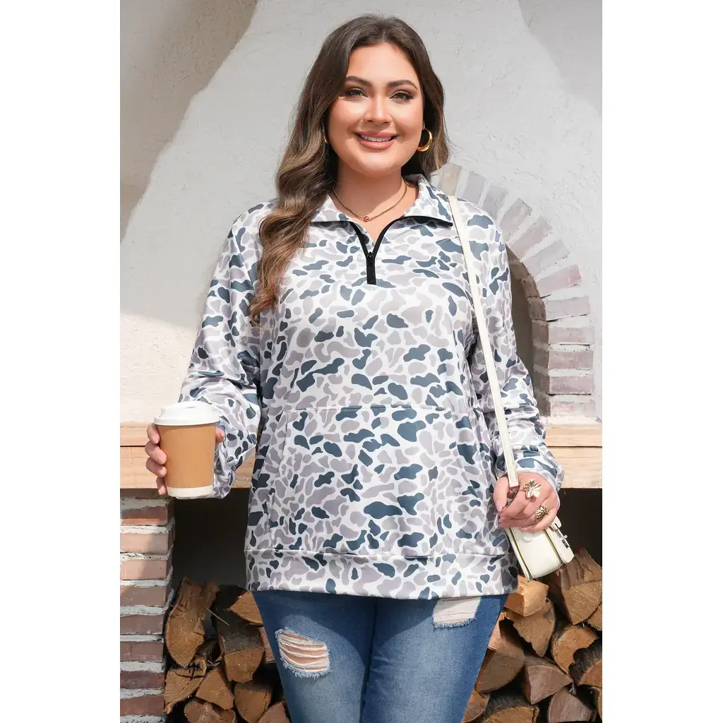 Multicolour Plus Camouflage Print Quarter Zip Kangaroo Pocket Pullover Sweatshirt - Image 4