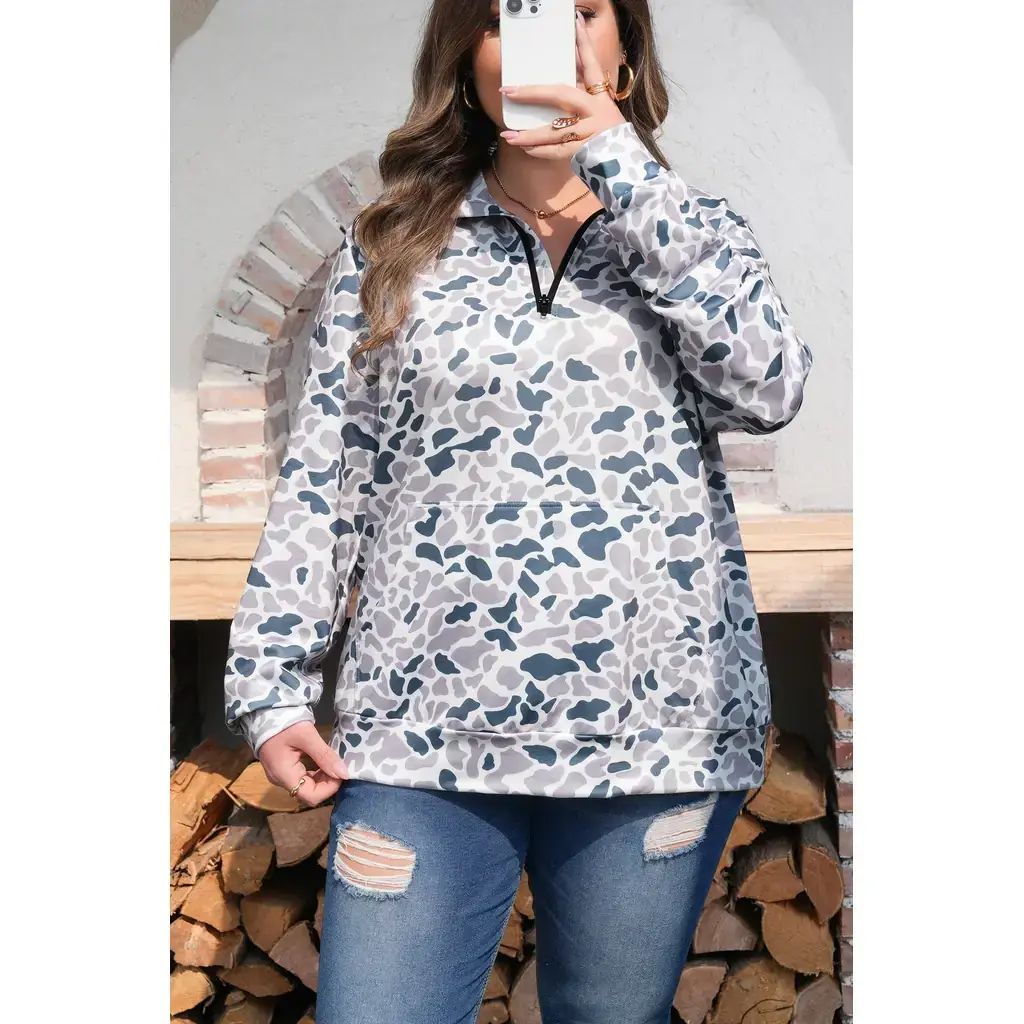 Multicolour Plus Camouflage Print Quarter Zip Kangaroo Pocket Pullover Sweatshirt - Image 8