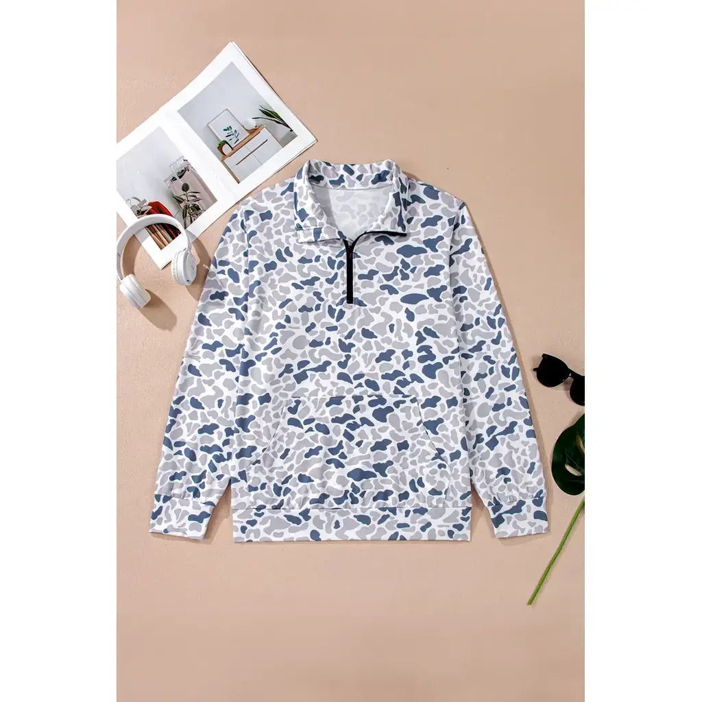 Multicolour Plus Camouflage Print Quarter Zip Kangaroo Pocket Pullover Sweatshirt - Image 9