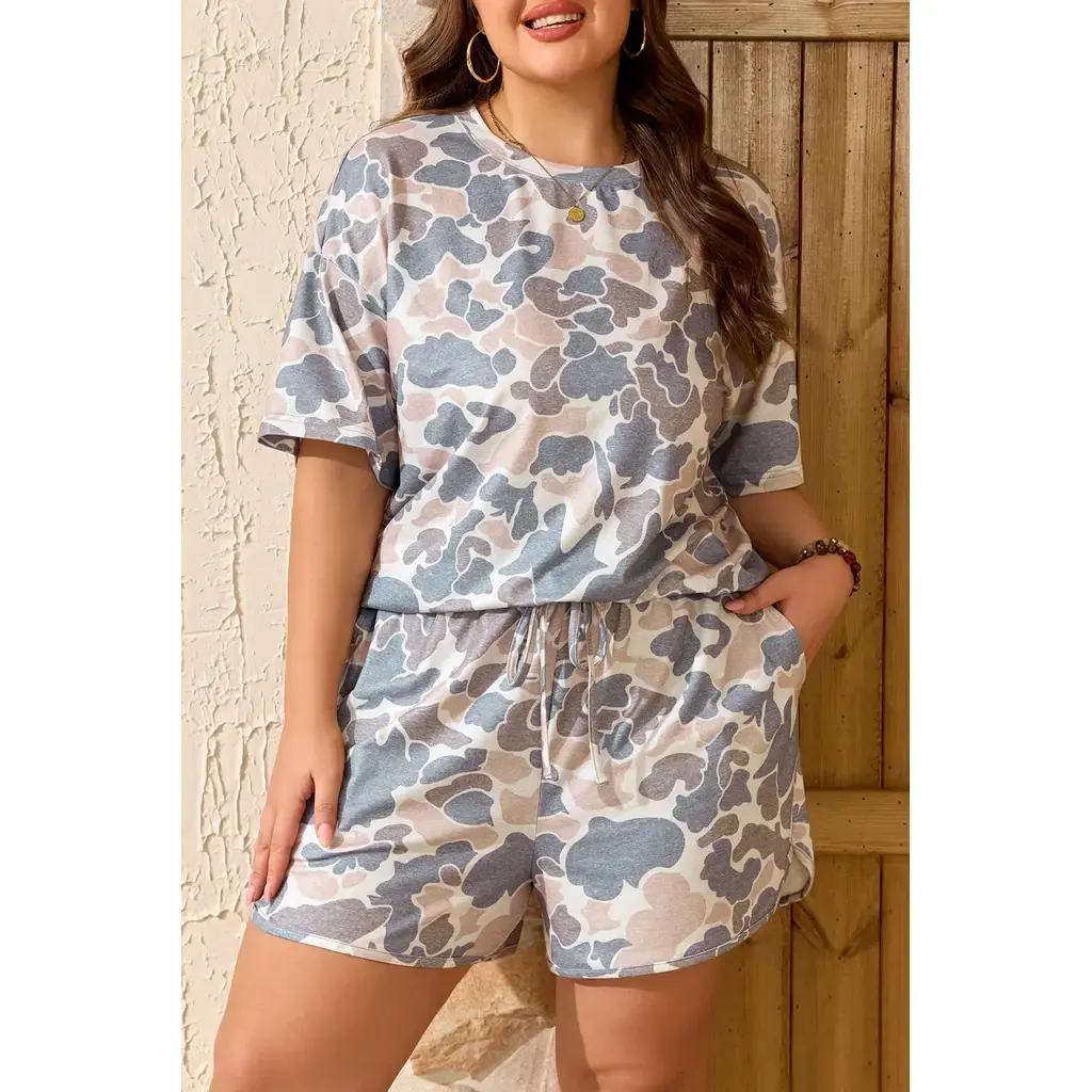 Multicolour Plus Size Camouflage Print Casual Tee and Shorts Set - Image 8