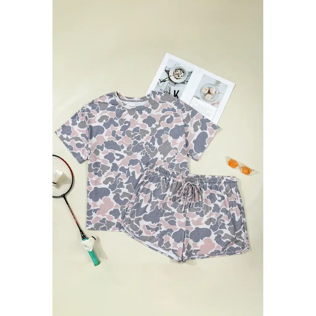 Multicolour Plus Size Camouflage Print Casual Tee and Shorts Set - Image 9