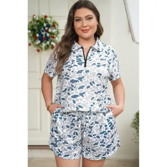Multicolour Zip up Tee and Short Plus Size Camo Set