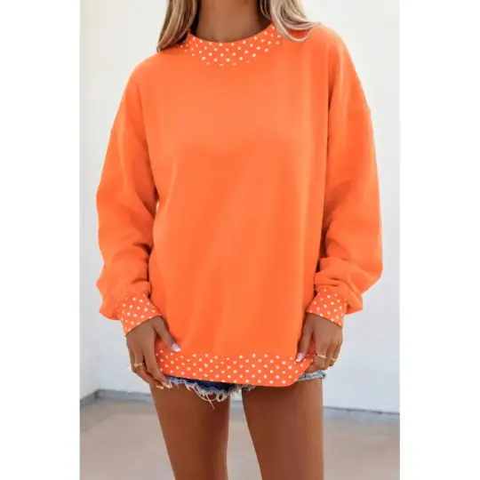 Orange Colorblock Polka Dot Contrast Trim Oversized Sweatshirt