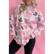 Pink Camo Print Howdy Western Style Baggy Pullover Sweatshirt