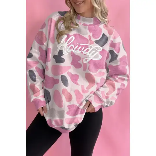 Pink Camo Print Howdy Western Style Baggy Pullover Sweatshirt