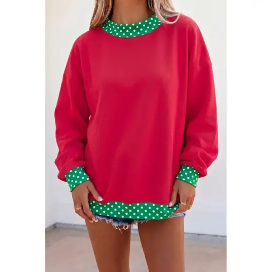 Racing Red Colorblock Polka Dot Contrast Trim Oversized Sweatshirt
