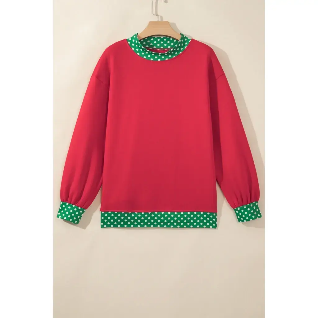 Racing Red Colorblock Polka Dot Contrast Trim Oversized Sweatshirt - Image 2