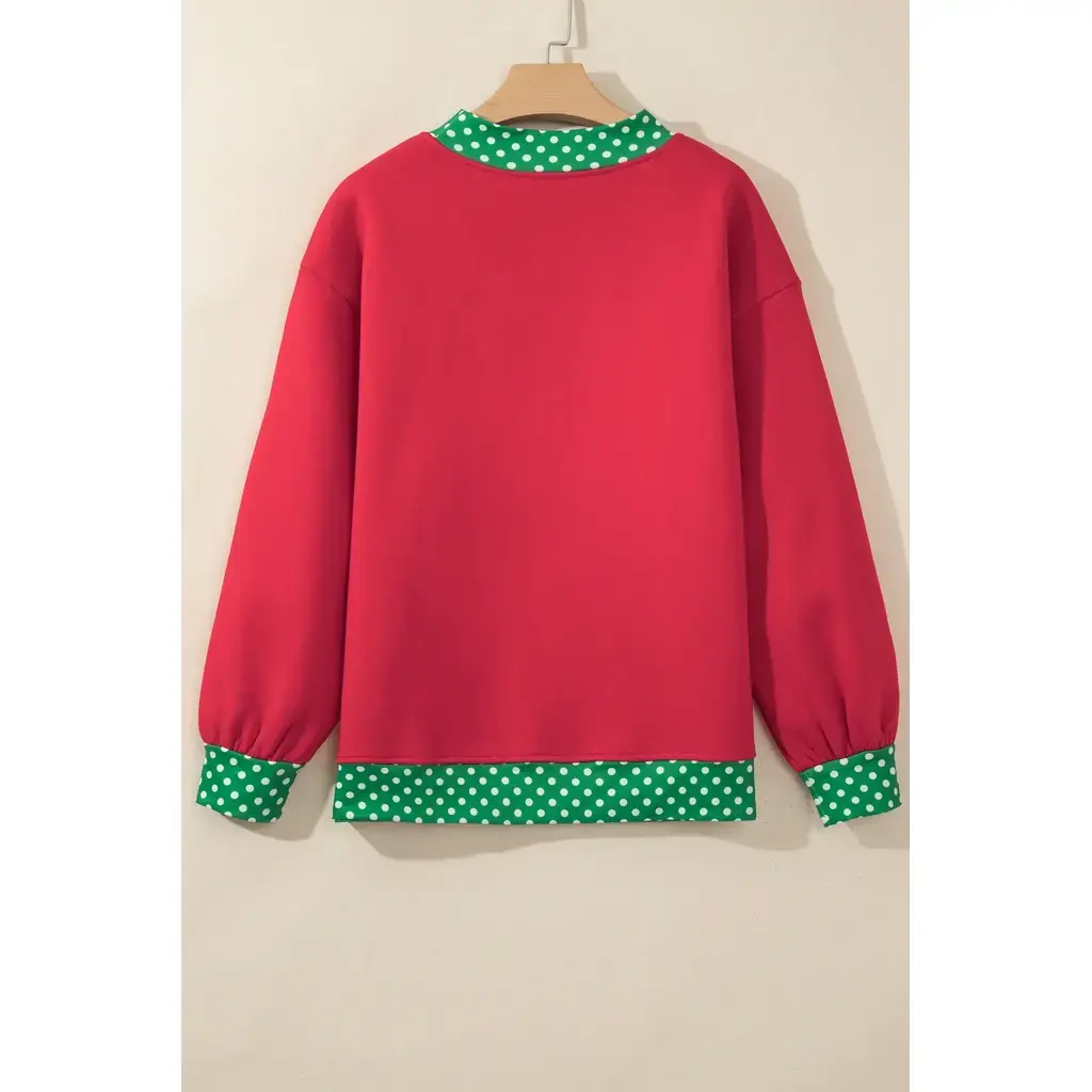 Racing Red Colorblock Polka Dot Contrast Trim Oversized Sweatshirt - Image 3