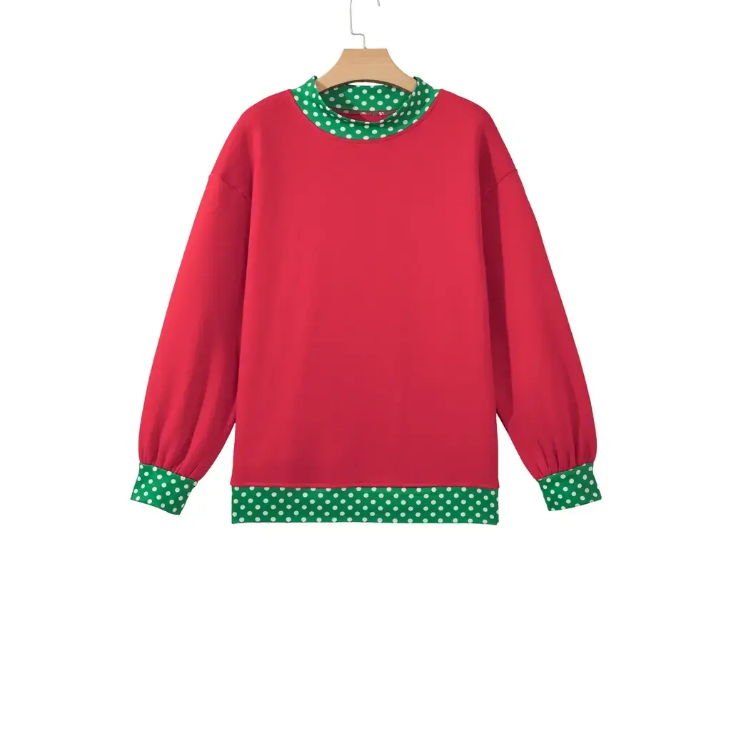 Racing Red Colorblock Polka Dot Contrast Trim Oversized Sweatshirt - Image 10