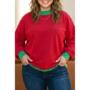 Racing Red Polka Dot Patchwork Round Neck Plus Size Sweatshirt