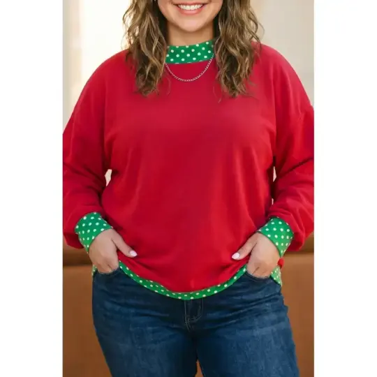Racing Red Polka Dot Patchwork Round Neck Plus Size Sweatshirt
