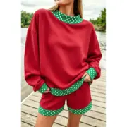 Racing Red Polka Dot Trim Baggy Pullover 2pcs Short Set