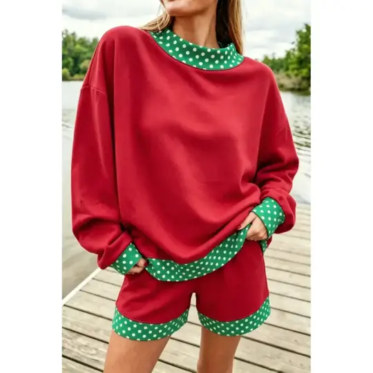 Racing Red Polka Dot Trim Baggy Pullover 2pcs Short Set