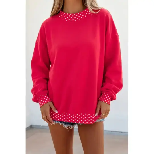 Red Colorblock Polka Dot Contrast Trim Oversized Sweatshirt