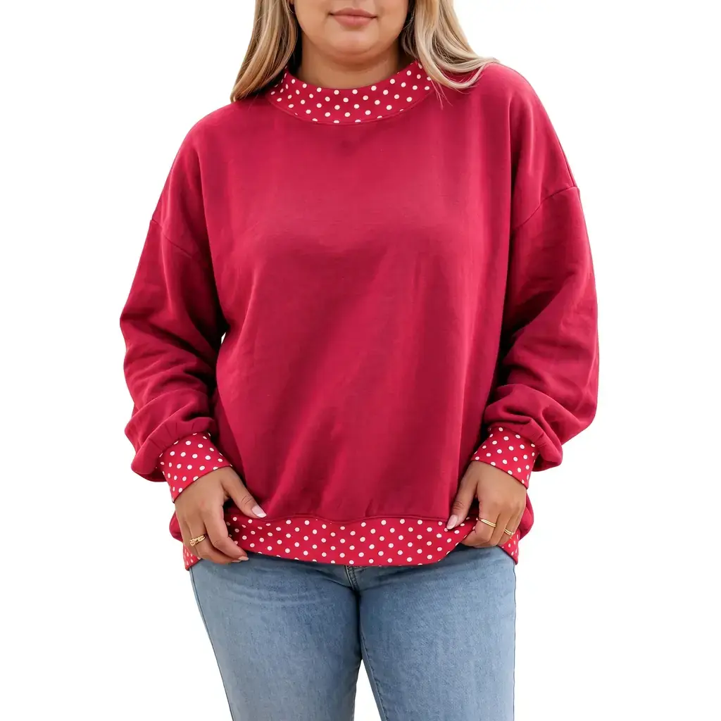 Red Dahlia Polka Dot Patchwork Round Neck Plus Size Sweatshirt - Image 2