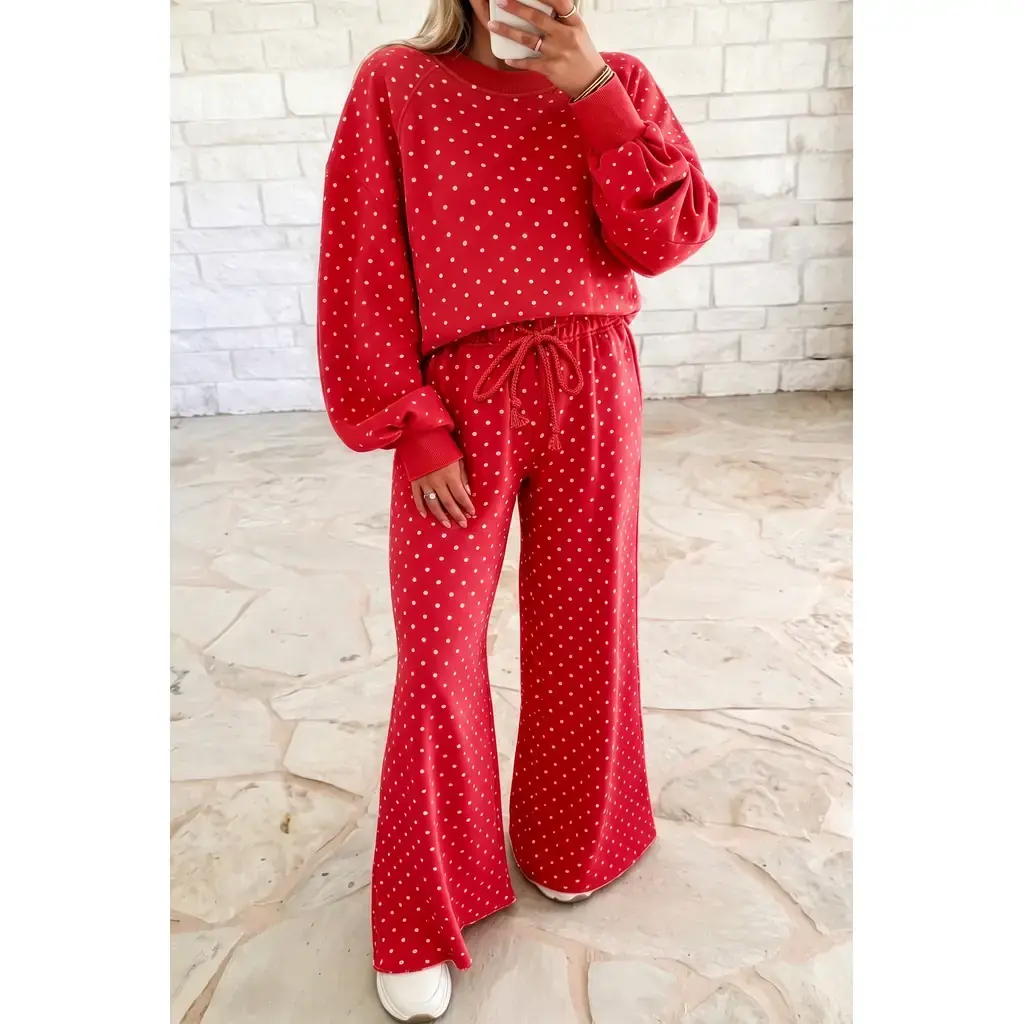 Red Polka Dot Drawstring Wide Leg Long Sleeve Top Pant Set