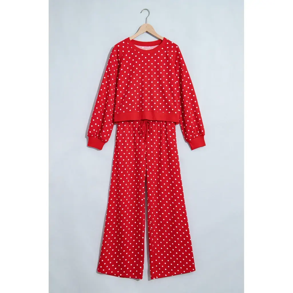 Red Polka Dot Drawstring Wide Leg Long Sleeve Top Pant Set - Image 2