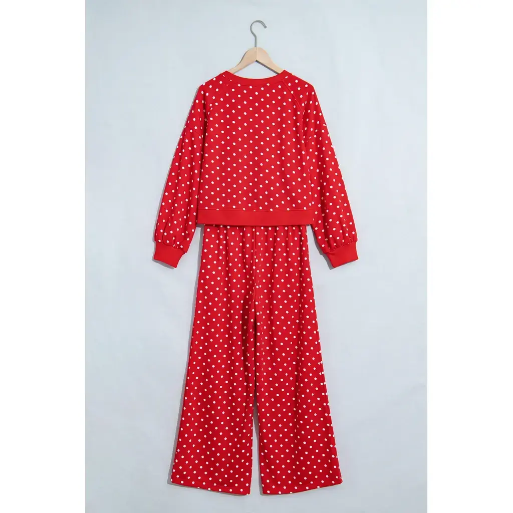 Red Polka Dot Drawstring Wide Leg Long Sleeve Top Pant Set - Image 3